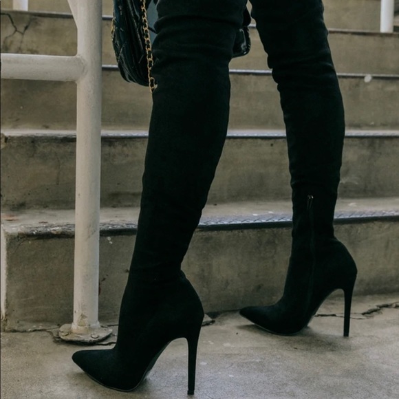 Miss Lola Shoes | Black Suede Size 7 Stiletto Thigh Height Boots | Color: Black | Size: 7 | Kaiwhe's Closet